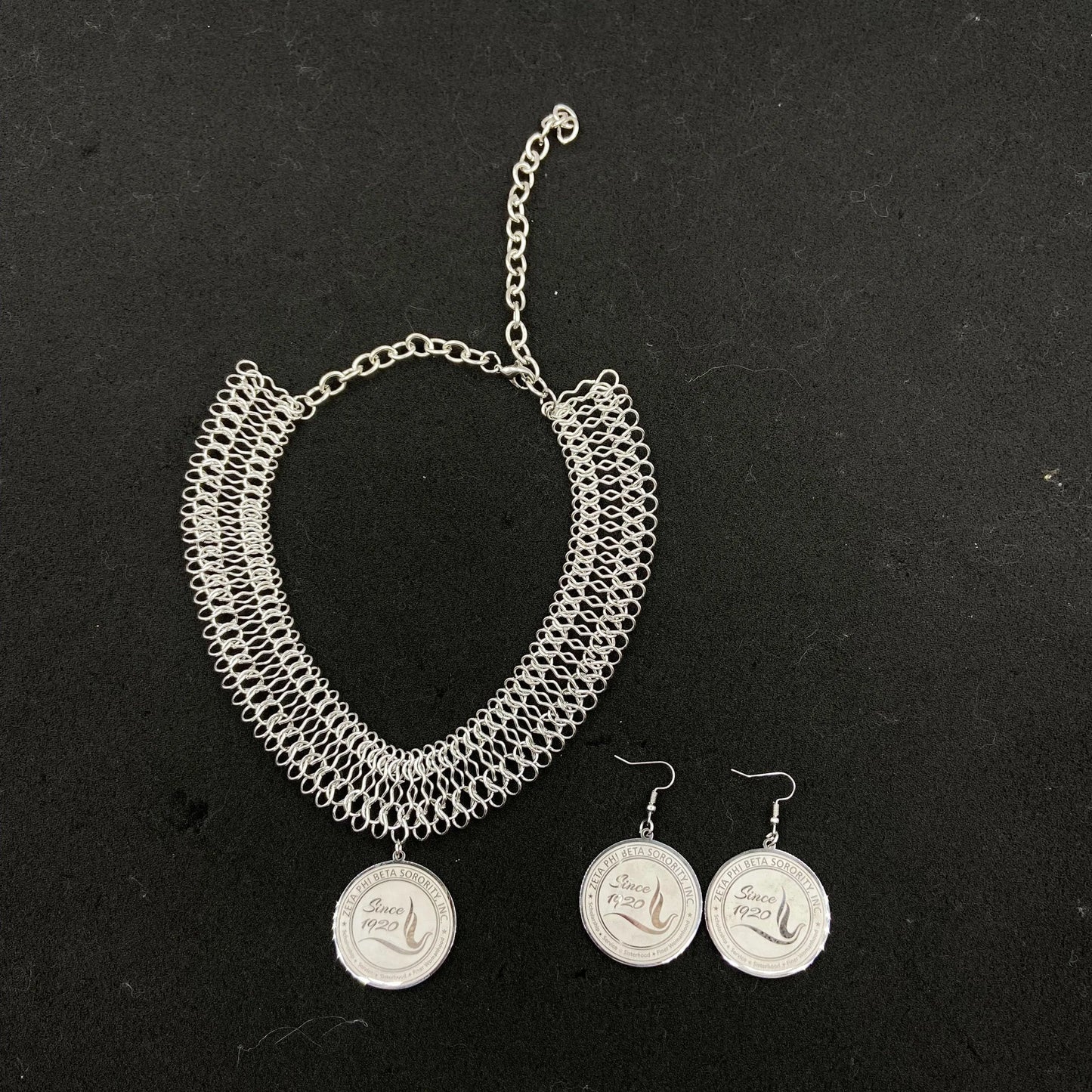 classic / 19CM / set Zeta Phi Beta Custom Greek Letter ZPB Dove Stainless steel Thick Chain Round Pendant Earrings Necklace Jewelry Set