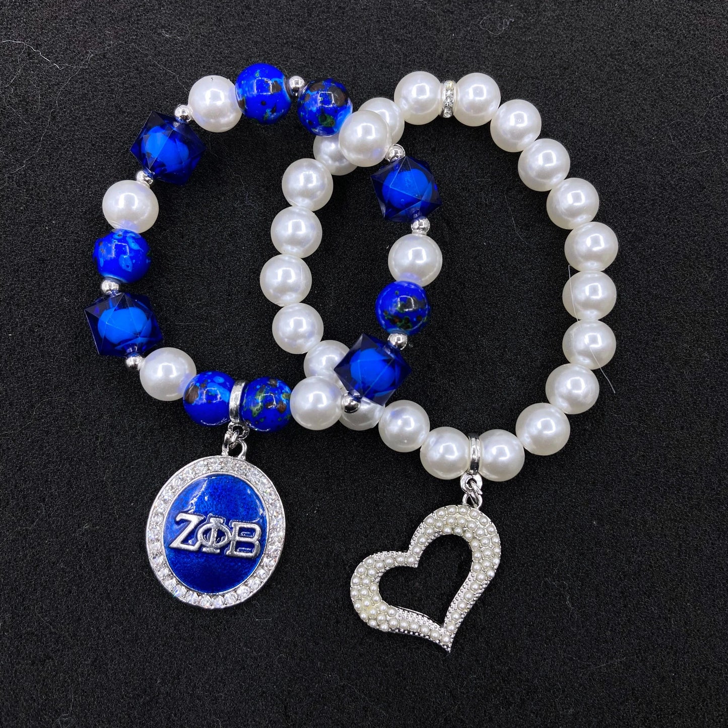 classic / 19CM / set Zeta Phi Beta Custom Handmade Irregular Blue Square Beaded Bracelets White Pearl Chain Heart Pendant ZPB Bracelet SetJewelry
