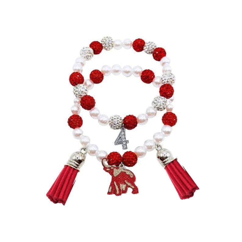classic / 19CM / single number Delta Red White Beaded Custom Elastic Handmade Bracelets DST Rhinestone 1913 Elephant Charm Tassel Bracelet