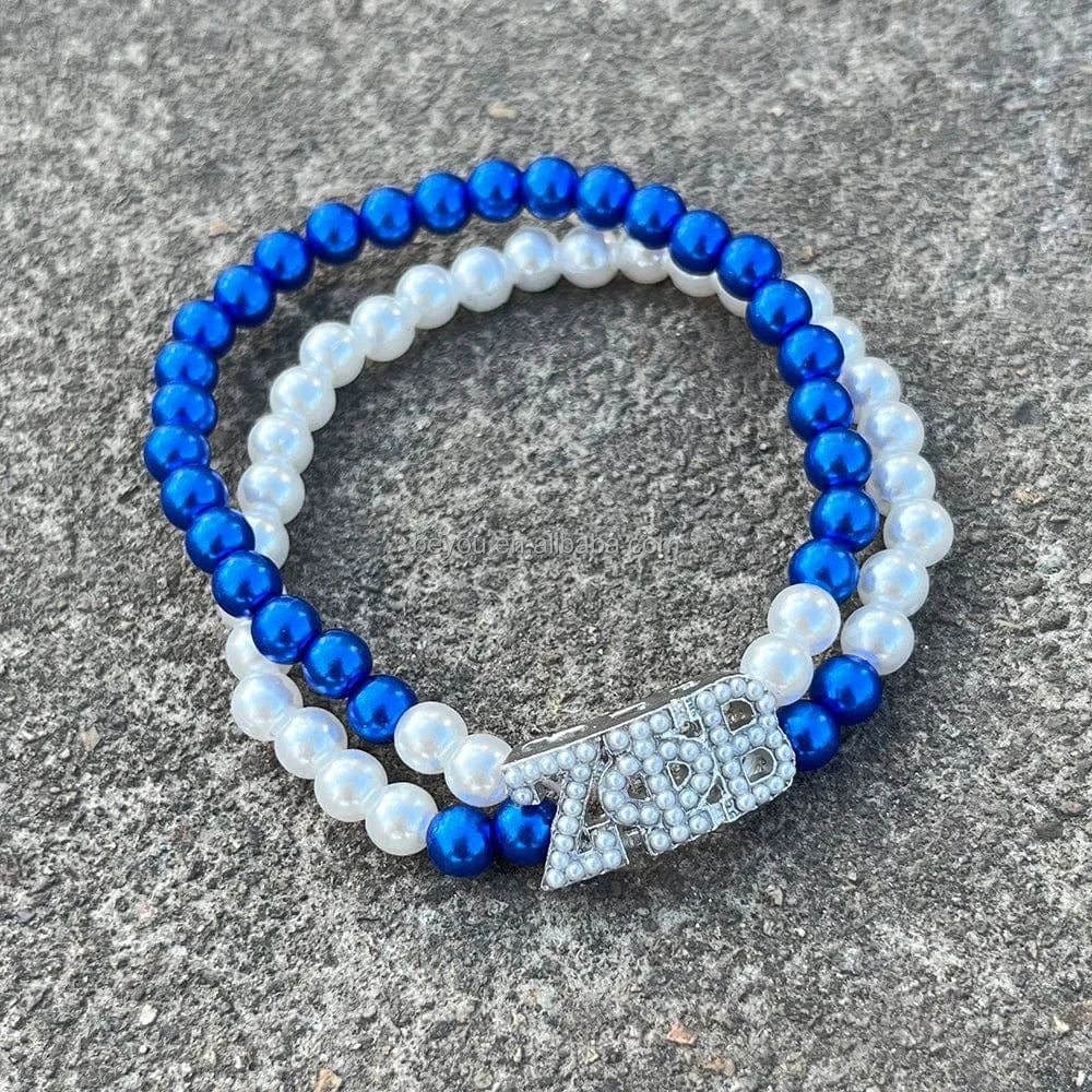 classic / 19CM / ZPB New Arrival Greek Sorority ZPB Double White Pearl Crystal Letter Zeta Phi Beta Women Jewelry Elastic Personalized Charm Bracelet