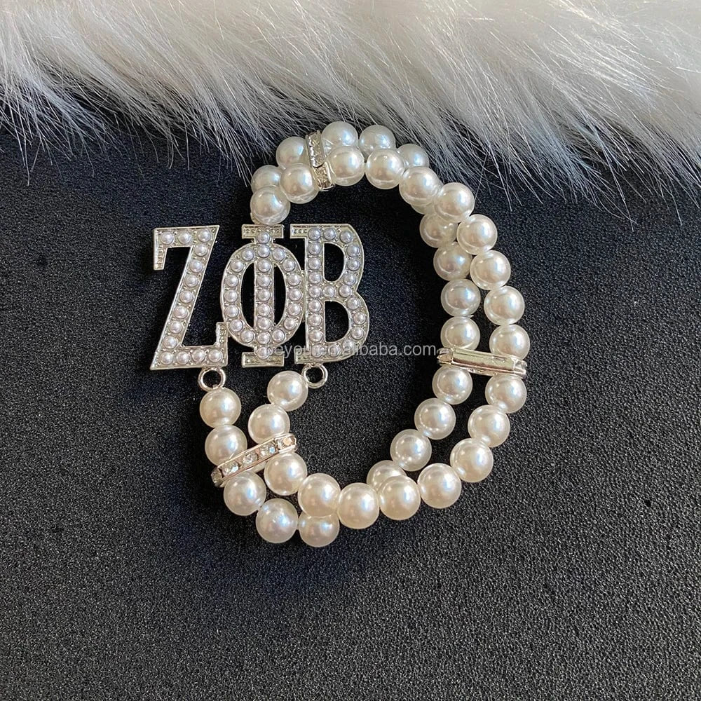classic / 19CM / ZPB New Arrival Greek Sorority ZPB Double White Pearl Crystal Letter Zeta Phi Beta Women Jewelry Elastic Personalized Charm Bracelet