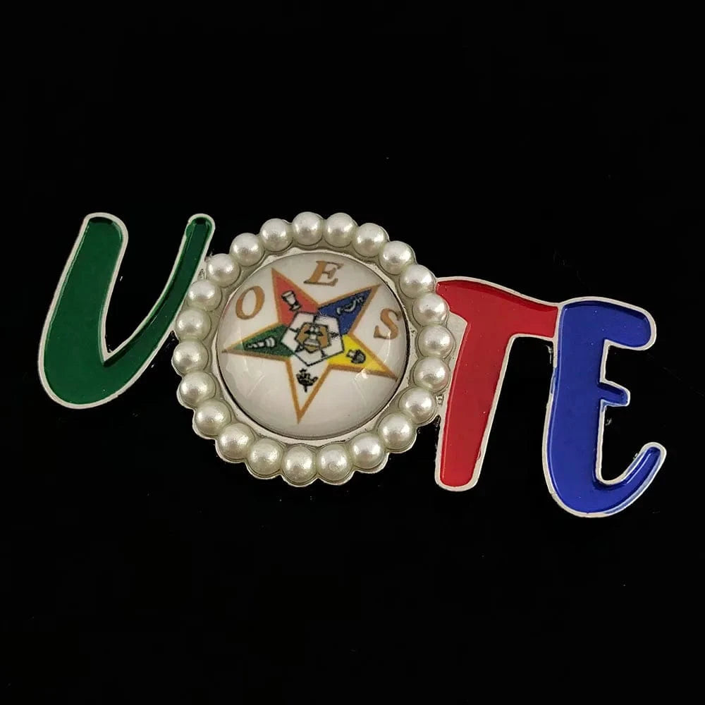 classic / 3 / Blue White Zinc Plated Masonic Custom VOTE Letter Brooch Order of The Eastern Star Green Red Blue Enamel Pearl Lapel Pin OES Brooches Jewelry