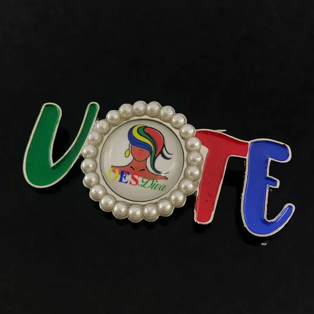 classic / 4 / Blue White Zinc Plated Masonic Custom VOTE Letter Brooch Order of The Eastern Star Green Red Blue Enamel Pearl Lapel Pin OES Brooches Jewelry
