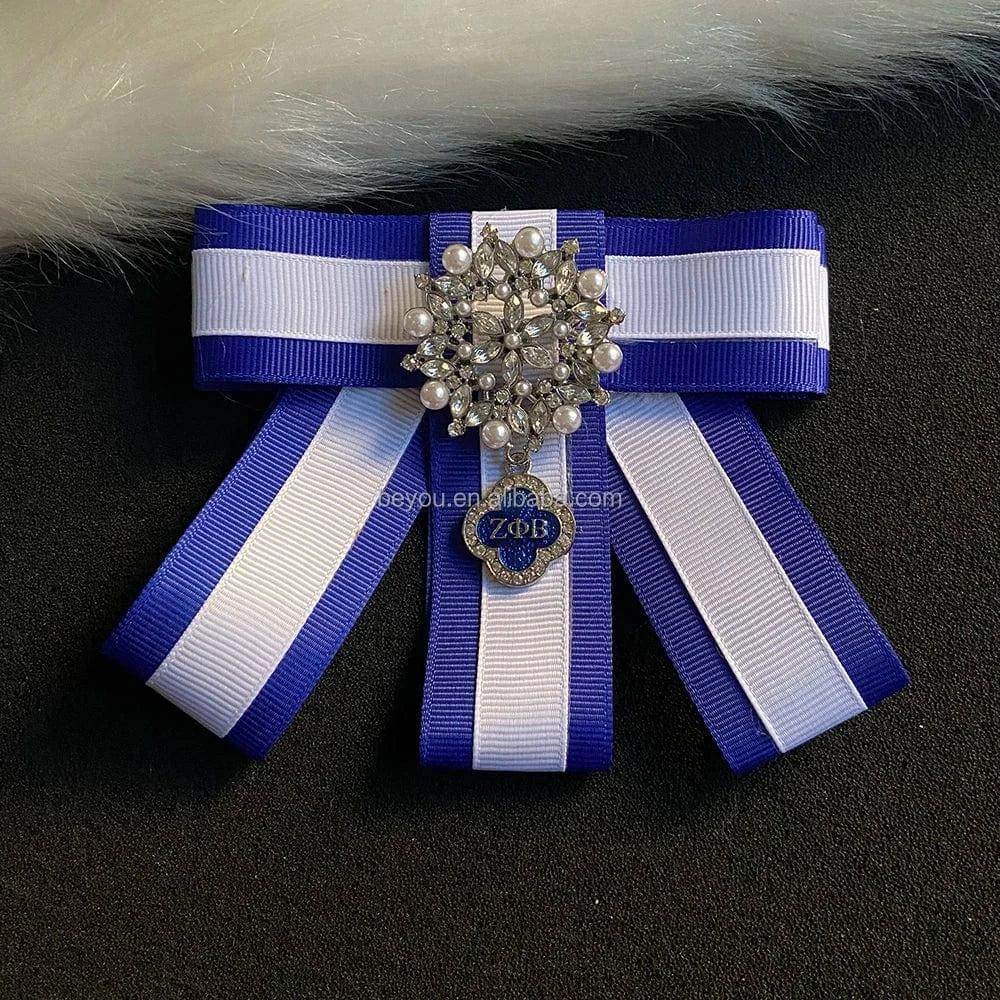 classic / girl / Other New Greek Sorority Custom Zeta Phi Beta Blue White Bow Tie Brooch Pearl Crystal ZPB Girl Pendant Brooches Ties Pin For Shirt