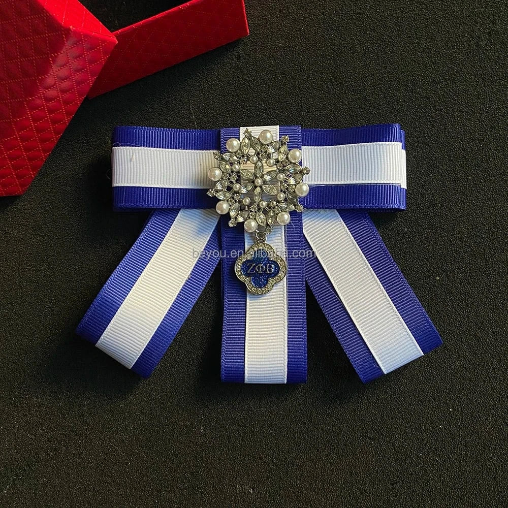 classic / girl / Other New Greek Sorority Custom Zeta Phi Beta Blue White Bow Tie Brooch Pearl Crystal ZPB Girl Pendant Brooches Ties Pin For Shirt