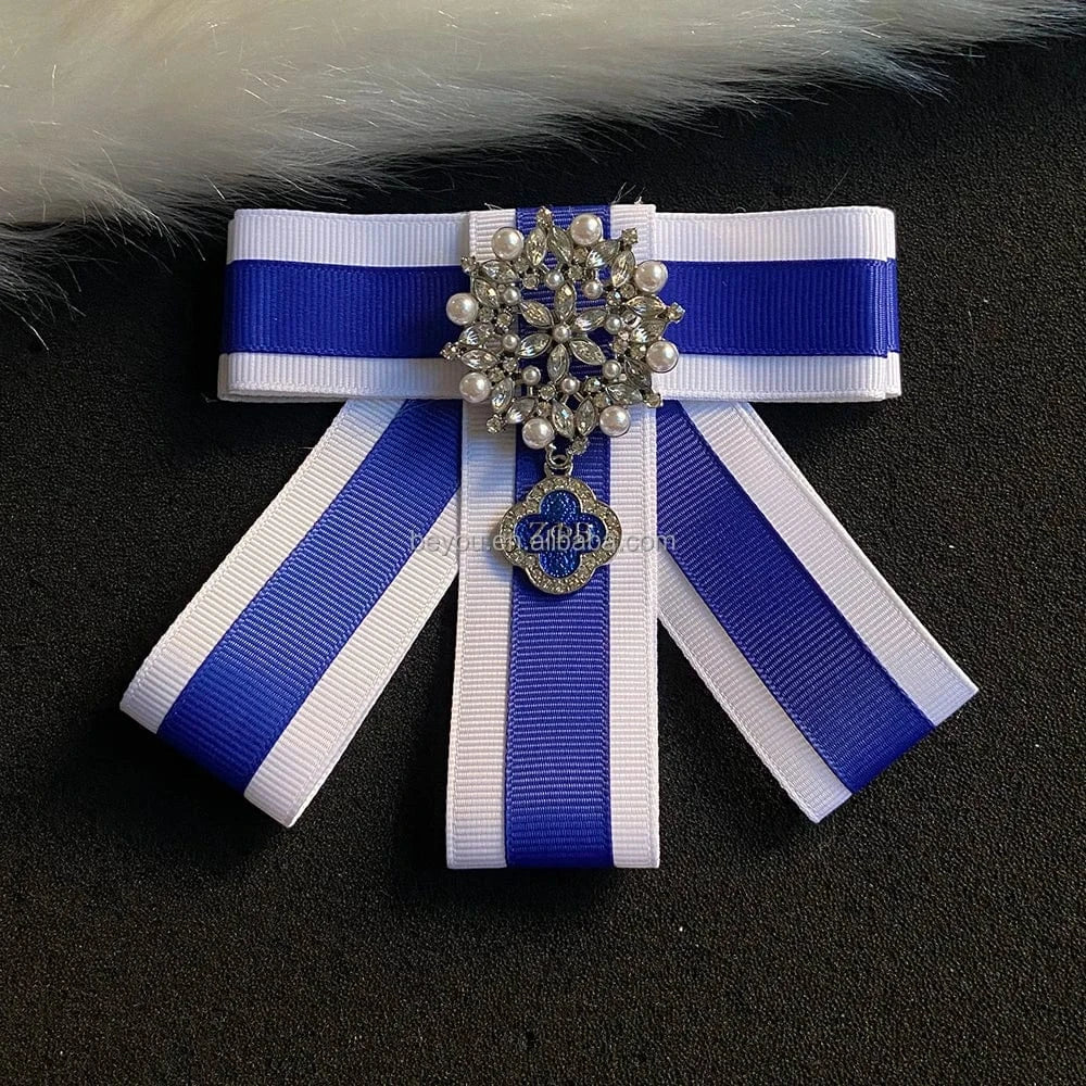 classic / girl / Other New Greek Sorority Custom Zeta Phi Beta Blue White Bow Tie Brooch Pearl Crystal ZPB Girl Pendant Brooches Ties Pin For Shirt