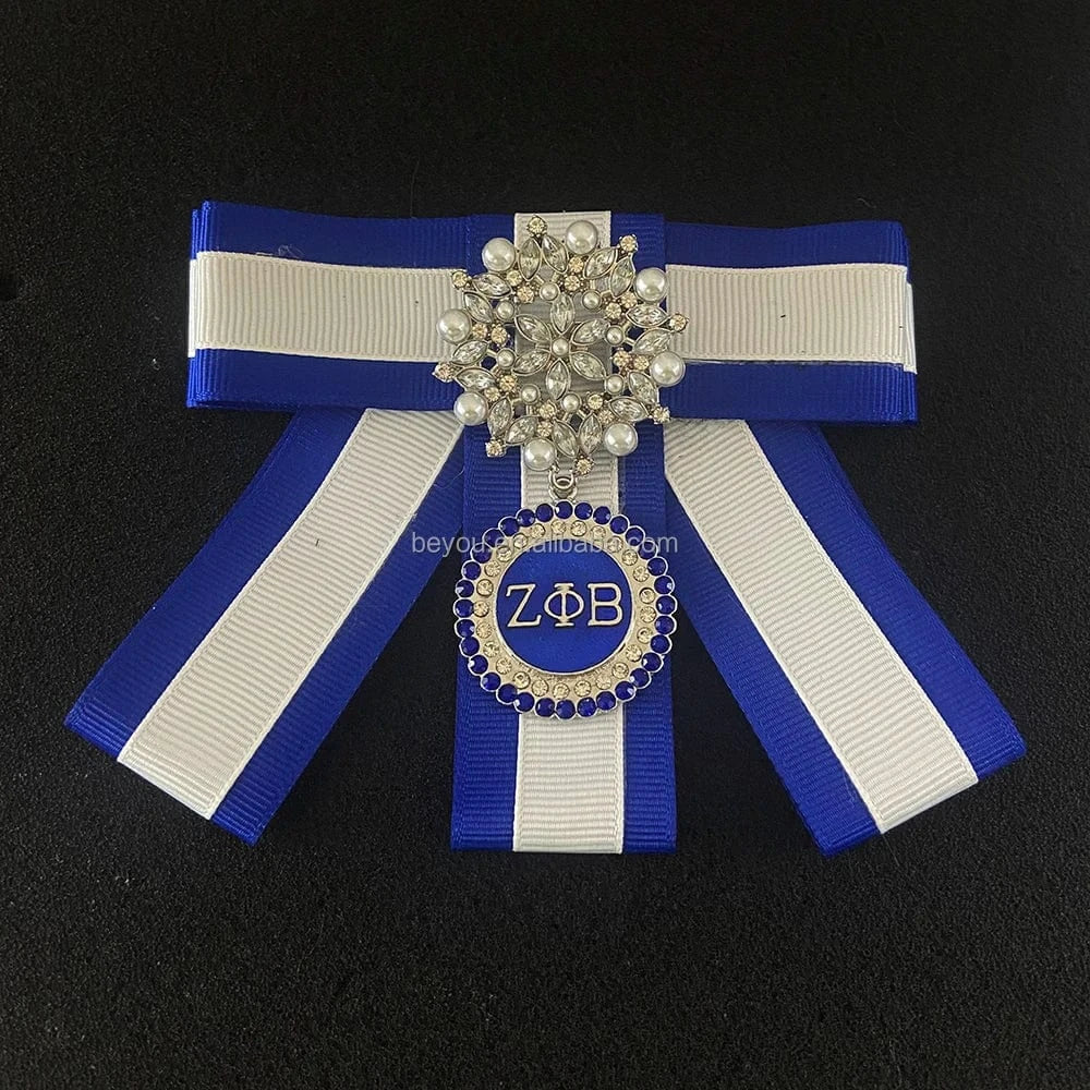 classic / girl / Other New Greek Sorority Custom Zeta Phi Beta Blue White Bow Tie Brooch Pearl Crystal ZPB Girl Pendant Brooches Ties Pin For Shirt