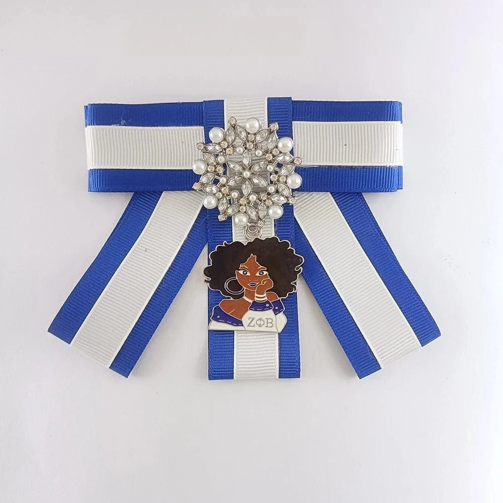 classic / girl / Other New Greek Sorority Custom Zeta Phi Beta Blue White Bow Tie Brooch Pearl Crystal ZPB Girl Pendant Brooches Ties Pin For Shirt