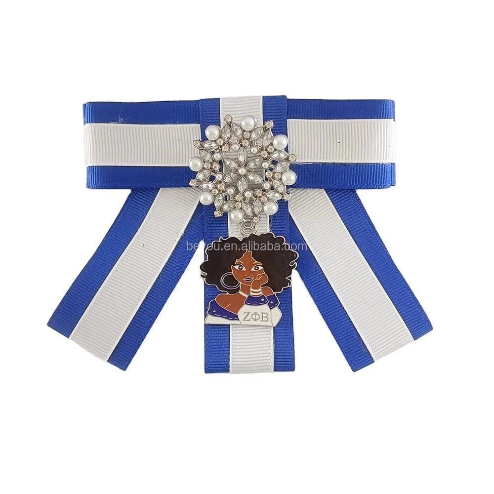 classic / girl / Other New Greek Sorority Custom Zeta Phi Beta Blue White Bow Tie Brooch Pearl Crystal ZPB Girl Pendant Brooches Ties Pin For Shirt