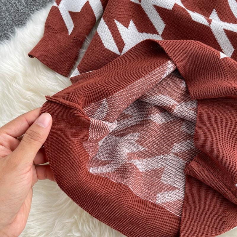 Classic Houndstooth Sweater Long Sleeve Elastic Knitted Bodycon Dress Elegant Women Casual Streetwear Dresses Ladies Clothing