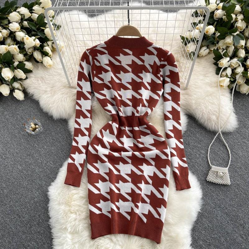 Classic Houndstooth Sweater Long Sleeve Elastic Knitted Bodycon Dress Elegant Women Casual Streetwear Dresses Ladies Clothing
