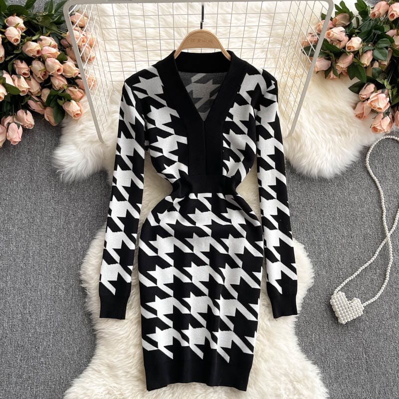 Classic Houndstooth Sweater Long Sleeve Elastic Knitted Bodycon Dress Elegant Women Casual Streetwear Dresses Ladies Clothing