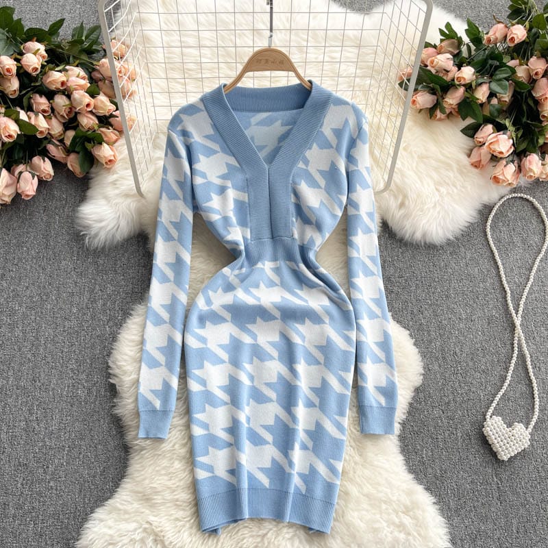 Classic Houndstooth Sweater Long Sleeve Elastic Knitted Bodycon Dress Elegant Women Casual Streetwear Dresses Ladies Clothing