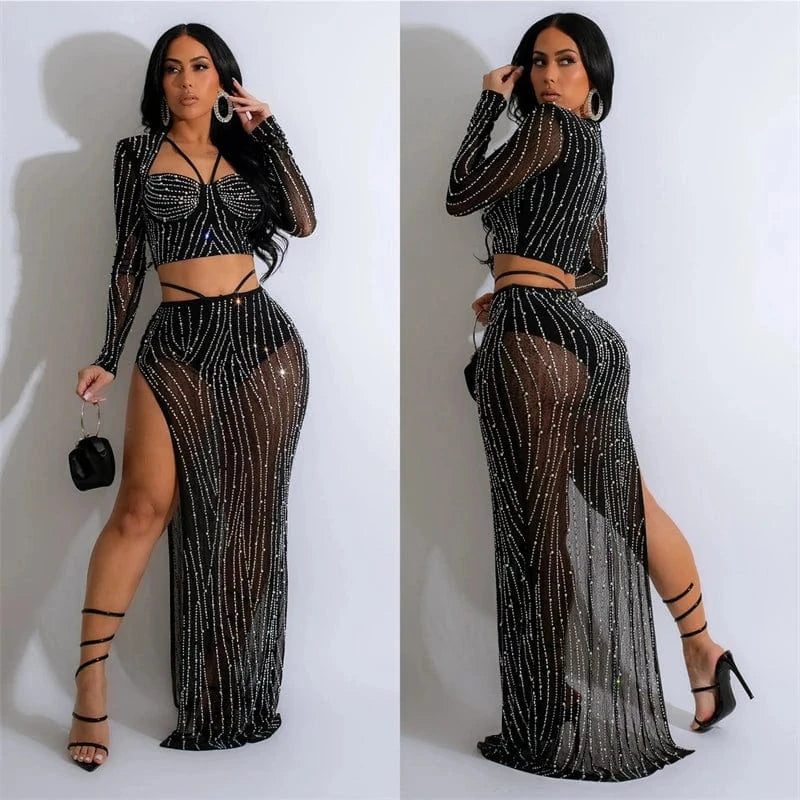 classic luxury elegant sexy transparent bead 2 piece long skirt set maxi party evening dress with rhinestone stones for wedding