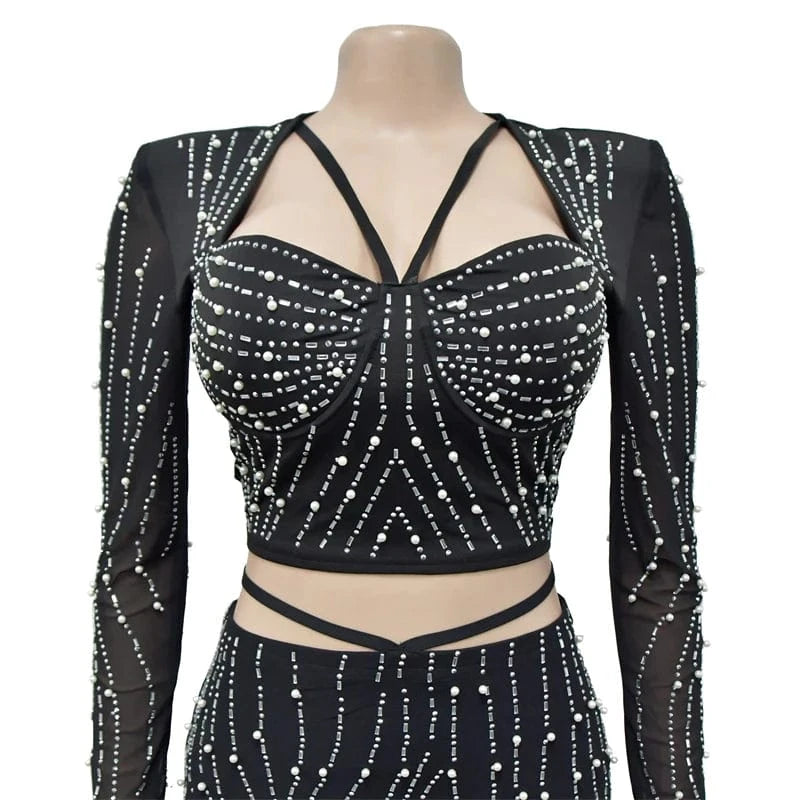 classic luxury elegant sexy transparent bead 2 piece long skirt set maxi party evening dress with rhinestone stones for wedding