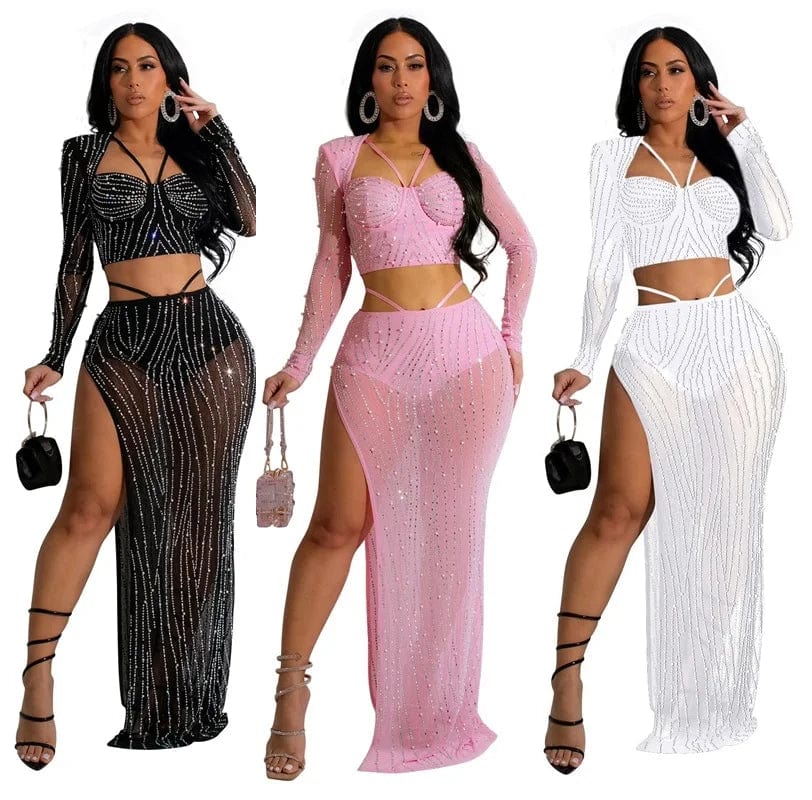 classic luxury elegant sexy transparent bead 2 piece long skirt set maxi party evening dress with rhinestone stones for wedding