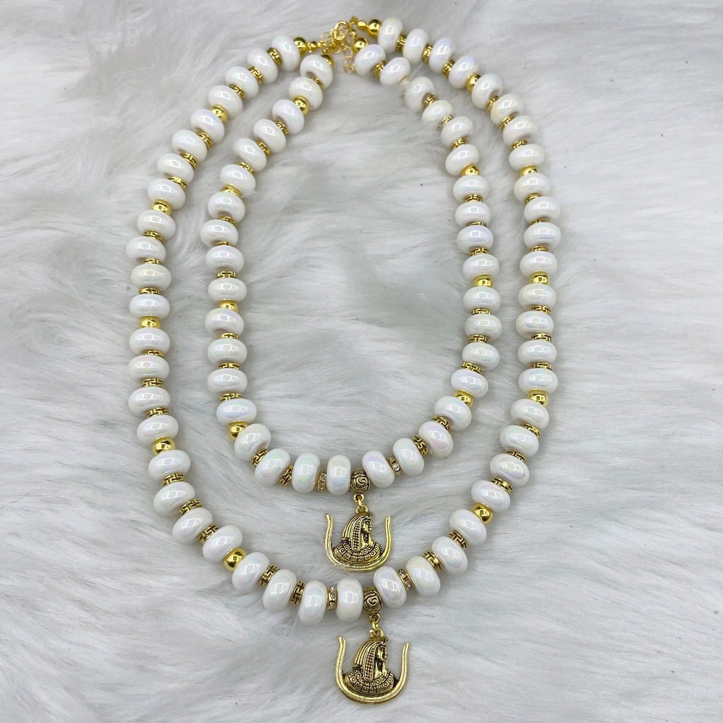 classic / necklace Daughters of Isis Sister Gold Plated Pendant Ambilight White Beads Necklace Earring Bracelet Set DOI Jewelry Gift