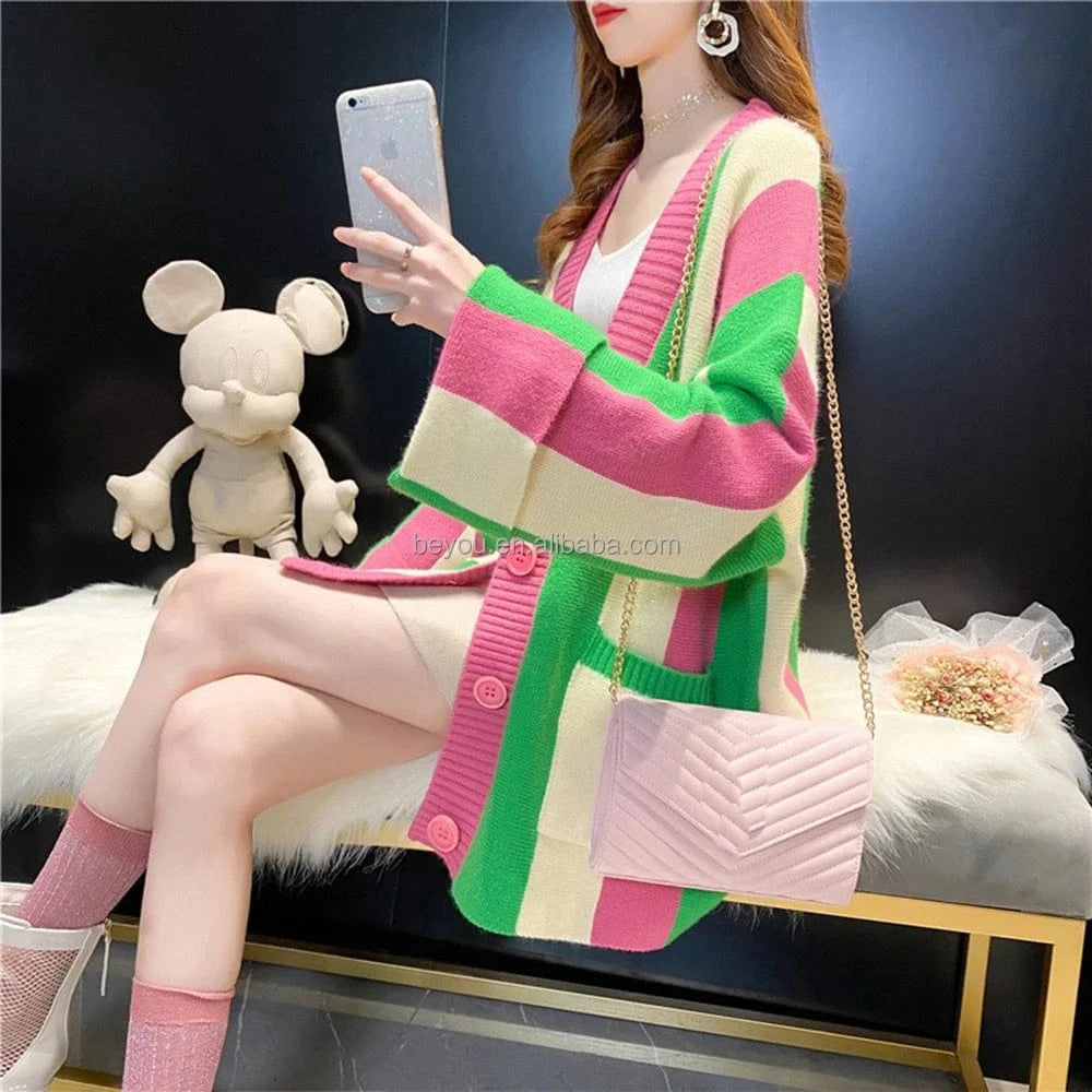 classic / Pink green Pink Green Fancy Irregular Beads Necklace Multi-layer Geometric Gemstone Plastic Chain Necklace Women Girls Sweater Jewelry Set