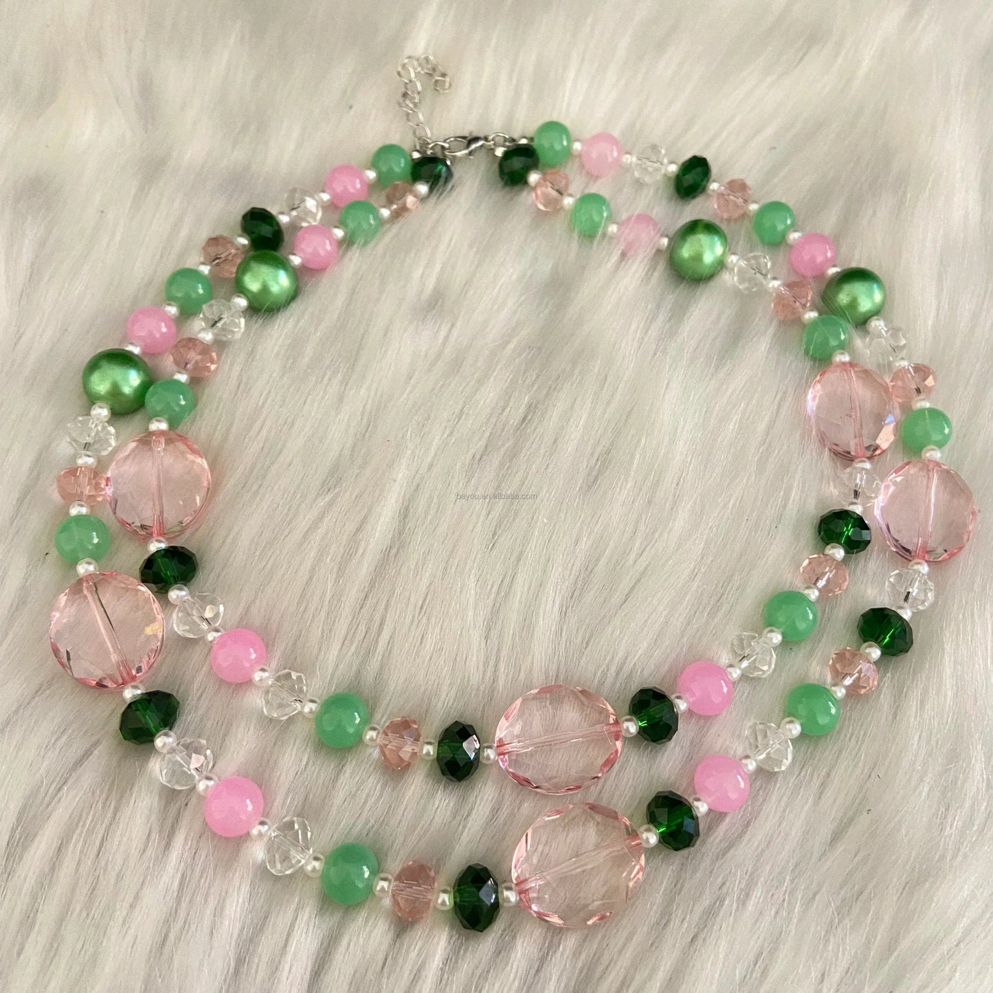 classic / Pink green Pink Green Fancy Irregular Beads Necklace Multi-layer Geometric Gemstone Plastic Chain Necklace Women Girls Sweater Jewelry Set
