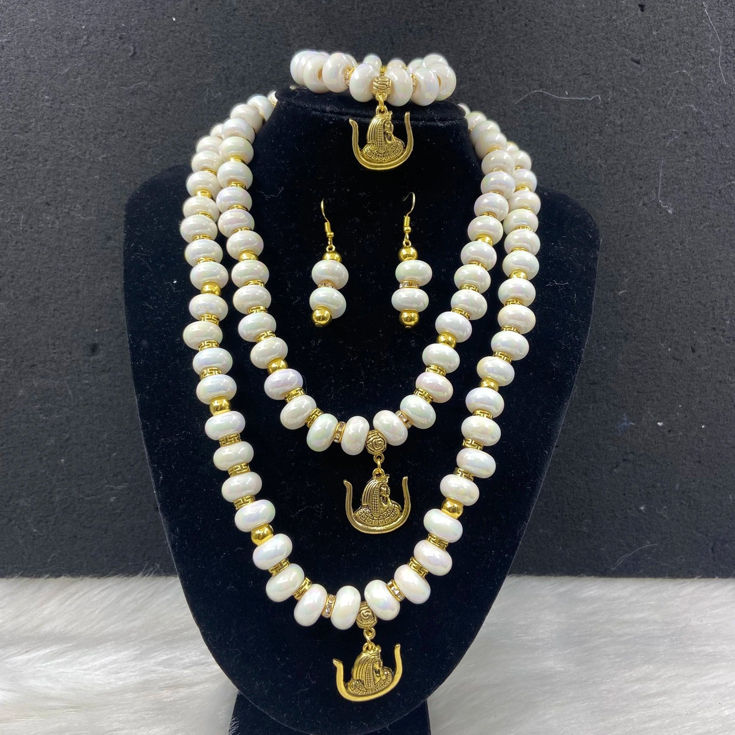 classic / set Daughters of Isis Sister Gold Plated Pendant Ambilight White Beads Necklace Earring Bracelet Set DOI Jewelry Gift