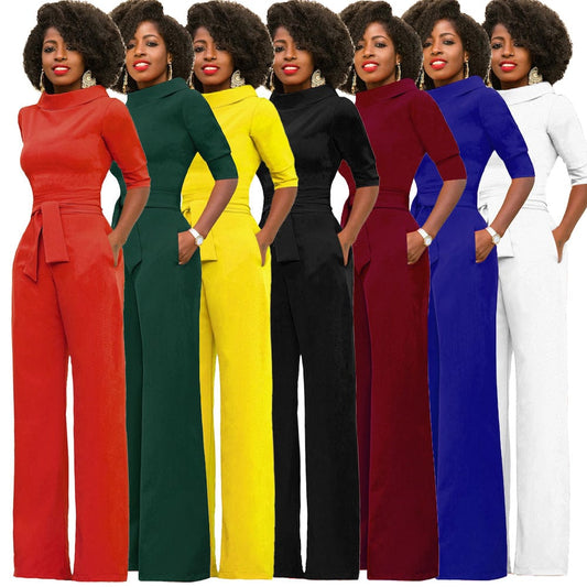 Classic solid minimalist turtleneck slimming formal jumpsuit for women