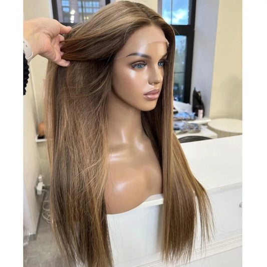 Clip In Ash Brown Highlight Custom 150% Density Long Straight Virgin European Soft Cuticle Human Hair Swiss Lace Front Wigs