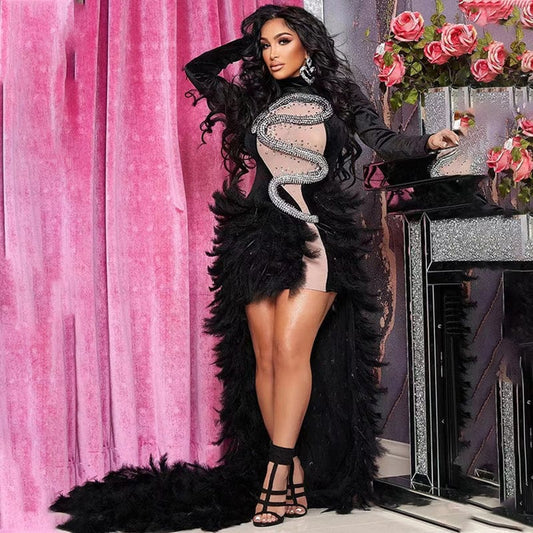 Clothes Wholesale Suppliers Sparkly Snake Rhinestone Formal Evening Dress Black High Neck Elegant Party Wear Gown For Women
