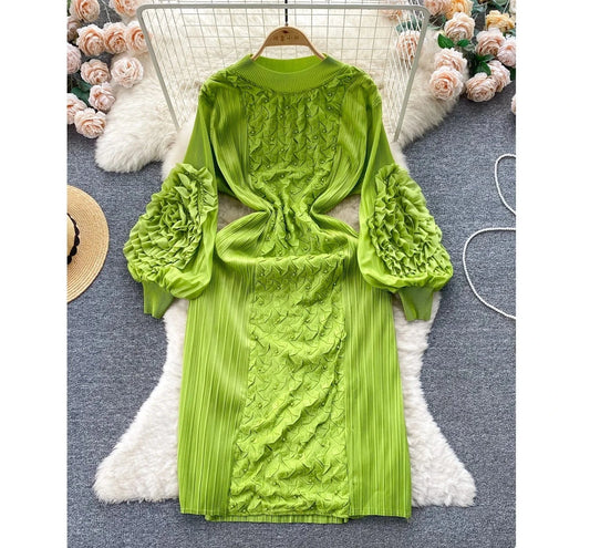 Clothing 2024 Spring New Solid Color Embroidered Crew Neck Long Sleeve Elegant Loose Women's Dress