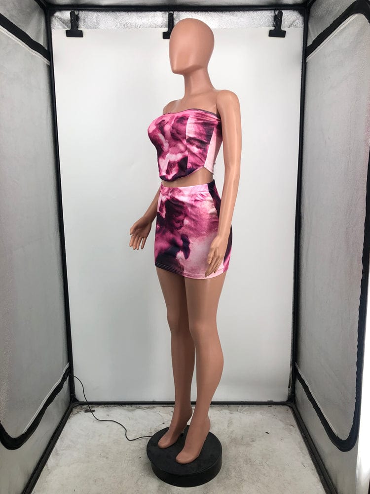 Club Wear Sexy Printed Top and Skirt Set for Women 2023 Y2k 2 Piece Outfits Women Strapless Crop Tops Mini Short Skirt Sets
