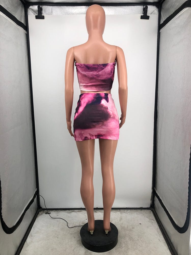 Club Wear Sexy Printed Top and Skirt Set for Women 2023 Y2k 2 Piece Outfits Women Strapless Crop Tops Mini Short Skirt Sets