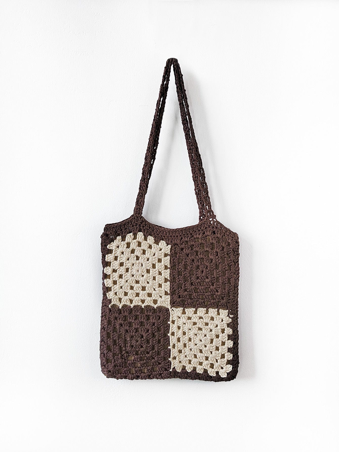 coffee+beige Factory Supply Hand Made Crochet Color Block Shoulder Tote Bag Shopping Handbag