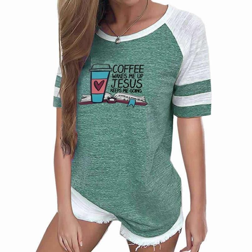 Coffee Wakes Me Up Jesus Keeps Me Going Letters Print T-Shirt Harajuku Summer Women T-shirt Stitching Color Loose Kawaii T-shirt