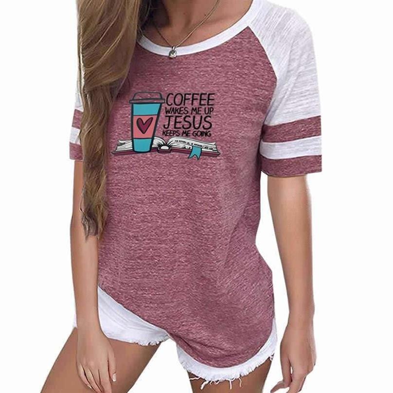 Coffee Wakes Me Up Jesus Keeps Me Going Letters Print T-Shirt Harajuku Summer Women T-shirt Stitching Color Loose Kawaii T-shirt