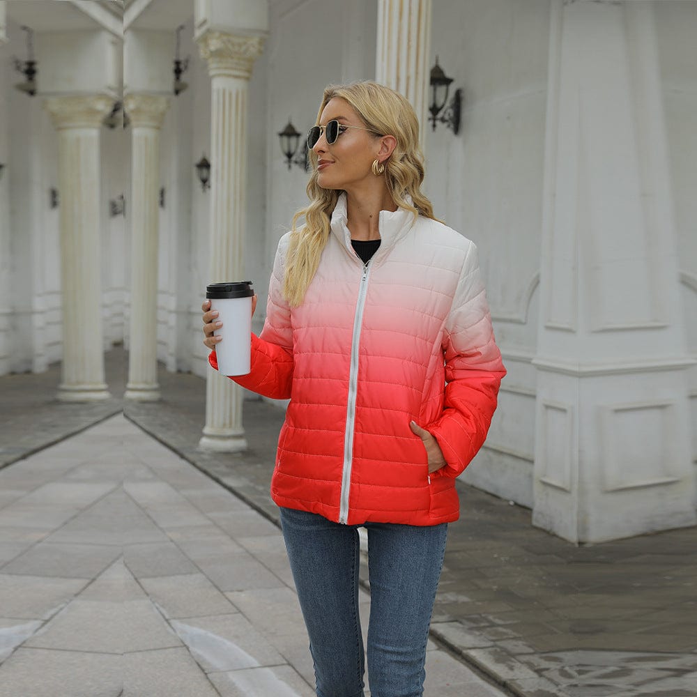 Coldker Autumn and Winter Women's Cotton-Padded Jacket Gradient Printed Long Sleeve Pocket Zipper Stand Collar Cotton Jacket