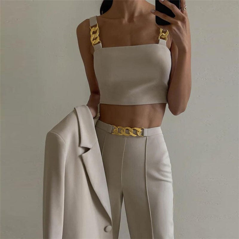 Coldker Autumn Elegant Concise Two Piece Set Women Sleeveless Tanks Vest+Formal Pants Matching Outfit Female Casual Inside Suit