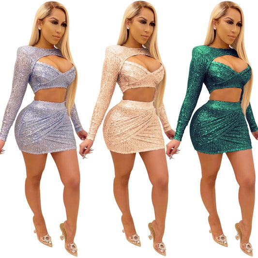 Coldker Glitter Sexy Sequin Dress Women Party Night Club Bodycon Dress Long Sleeve Birthday Outfits for Women Elegant Christmas