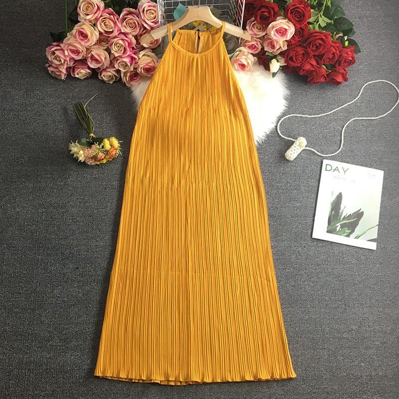 Coldker Holiday Beach Sleeveless Halter Dress Multicolor Pleated Design High Waist A Line Vestido Sexy O Neck Pullover Ropa