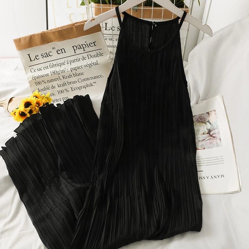 Coldker Holiday Beach Sleeveless Halter Dress Multicolor Pleated Design High Waist A Line Vestido Sexy O Neck Pullover Ropa
