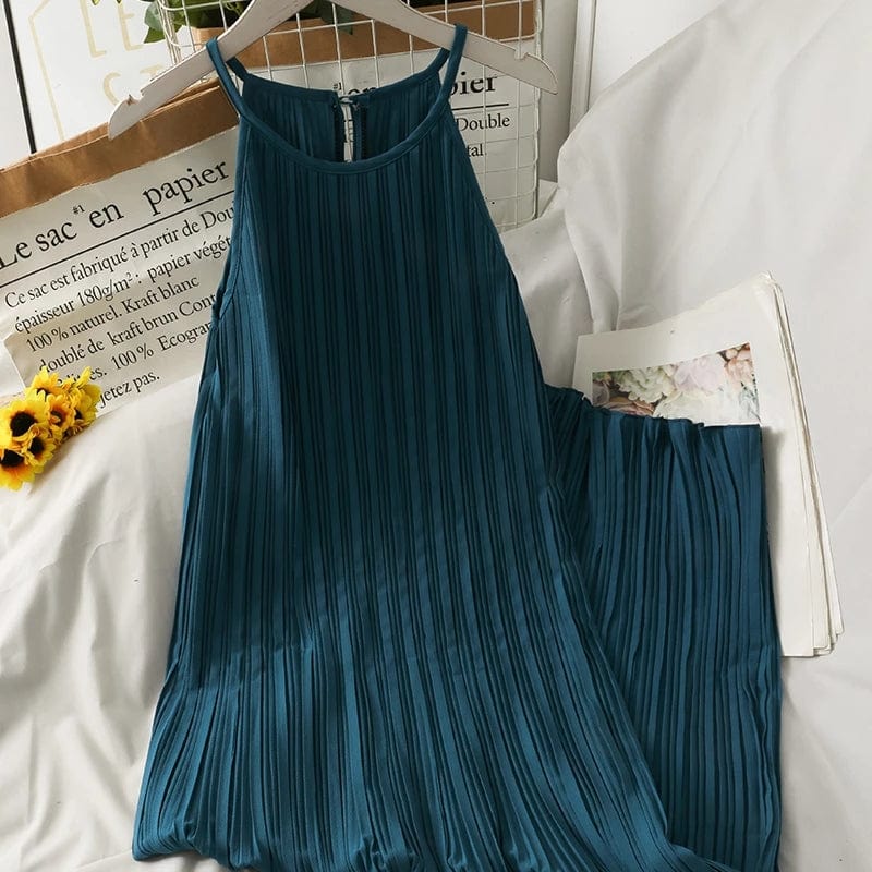 Coldker Holiday Beach Sleeveless Halter Dress Multicolor Pleated Design High Waist A Line Vestido Sexy O Neck Pullover Ropa