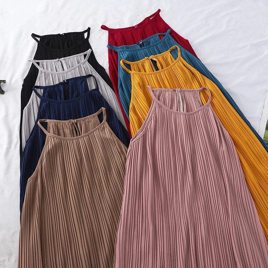 Coldker Holiday Beach Sleeveless Halter Dress Multicolor Pleated Design High Waist A Line Vestido Sexy O Neck Pullover Ropa