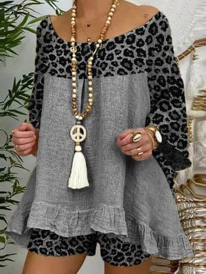 Coldker Leopard Printed Splicing Women's Shorts Set Loose Blouses Shorts 2 Piece Set Female 2022 Summer Boho Lady Print Suit