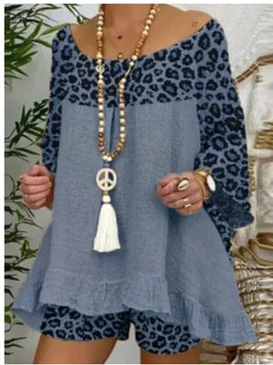 Coldker Leopard Printed Splicing Women's Shorts Set Loose Blouses Shorts 2 Piece Set Female 2022 Summer Boho Lady Print Suit