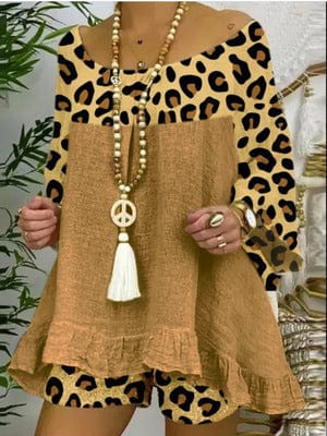 Coldker Leopard Printed Splicing Women's Shorts Set Loose Blouses Shorts 2 Piece Set Female 2022 Summer Boho Lady Print Suit