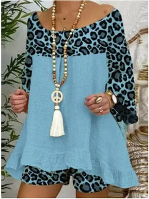 Coldker Leopard Printed Splicing Women's Shorts Set Loose Blouses Shorts 2 Piece Set Female 2022 Summer Boho Lady Print Suit