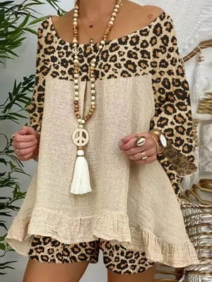 Coldker Leopard Printed Splicing Women's Shorts Set Loose Blouses Shorts 2 Piece Set Female 2022 Summer Boho Lady Print Suit
