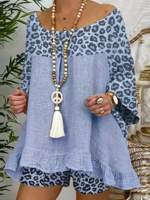 Coldker Leopard Printed Splicing Women's Shorts Set Loose Blouses Shorts 2 Piece Set Female 2022 Summer Boho Lady Print Suit