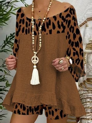 Coldker Leopard Printed Splicing Women's Shorts Set Loose Blouses Shorts 2 Piece Set Female 2022 Summer Boho Lady Print Suit