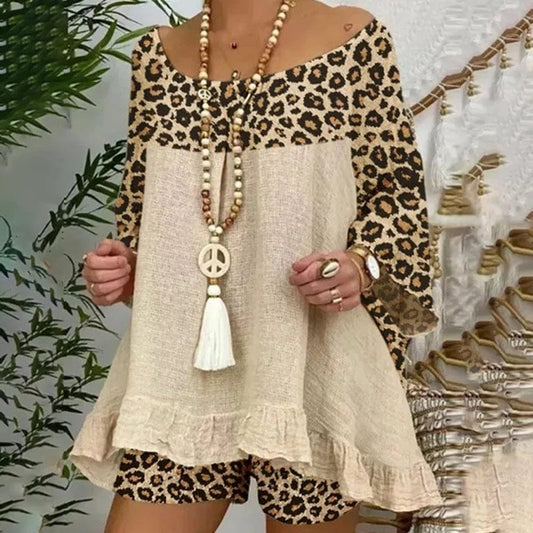 Coldker Leopard Printed Splicing Women's Shorts Set Loose Blouses Shorts 2 Piece Set Female 2022 Summer Boho Lady Print Suit