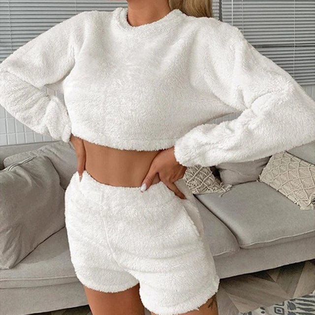 Coldker Winter Warm Pajamas Suit Women'S Solid Long Sleeve O-Neck Pullover Pajama Sets Leisure Tops + Shorts Set Pyjamas Women