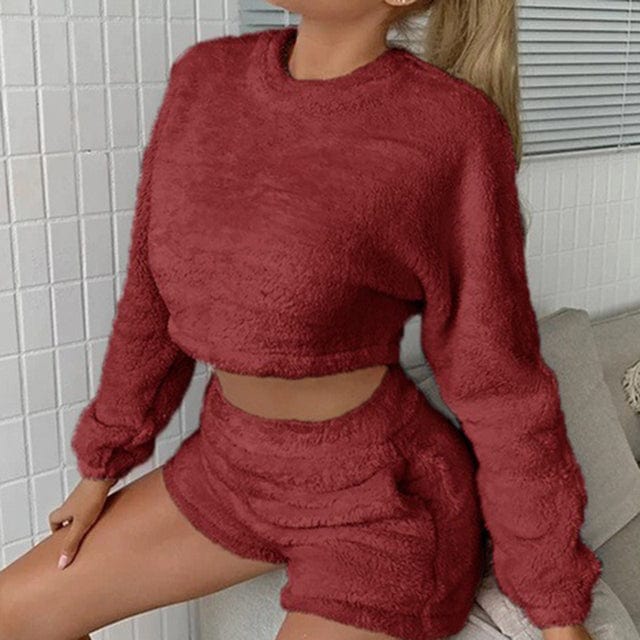 Coldker Winter Warm Pajamas Suit Women'S Solid Long Sleeve O-Neck Pullover Pajama Sets Leisure Tops + Shorts Set Pyjamas Women